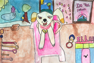 This whimsical illustration features a playful dog with expressive eyes, adorned with a heart-shaped collar bearing the letter "E," seated on a vibrant pink blanket. The background includes various personal elements, like the name "ELLAH" and uplifting phrases, adding a charming, childlike quality to the scene that merges indoor coziness with glimpses of an outdoor landscape.