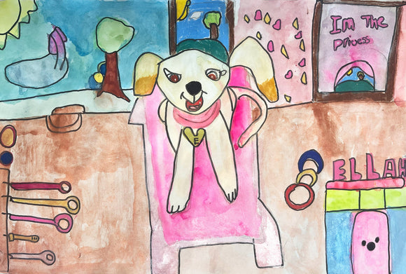 This whimsical illustration features a playful dog with expressive eyes, adorned with a heart-shaped collar bearing the letter 