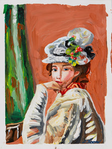 This portrait painting captures a refined woman dressed in an elaborate hat adorned with flowers and greenery, evoking a vintage elegance. The soft, expressive brushstrokes and warm color palette bring an intimate depth to her contemplative gaze, set against a contrasting green and terra-cotta backdrop.