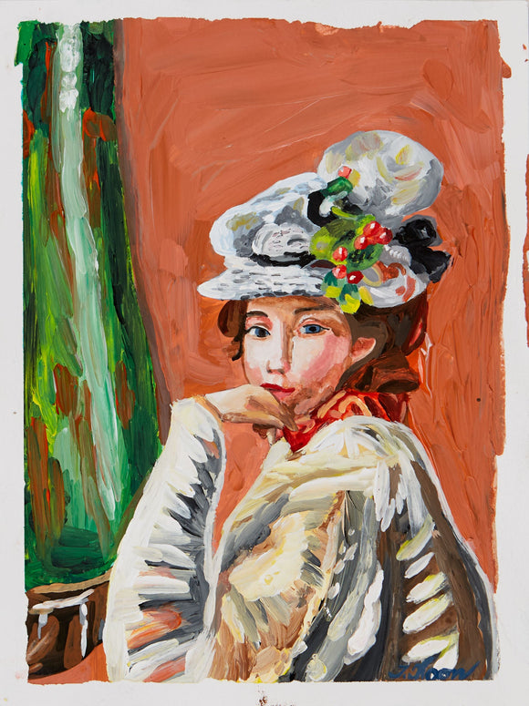 This portrait painting captures a refined woman dressed in an elaborate hat adorned with flowers and greenery, evoking a vintage elegance. The soft, expressive brushstrokes and warm color palette bring an intimate depth to her contemplative gaze, set against a contrasting green and terra-cotta backdrop.