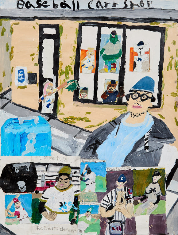 A mixed-media painting of a baseball card shop facade, featuring a bespectacled man in a blue hat and a wall covered in baseball player portraits, including names like Roberto Clemente and Reggie Jackson. The composition layers fandom, nostalgia, and pop culture references.