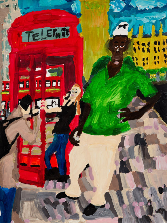 A bold, expressionistic cityscape with a red telephone booth, busy sidewalk, and three stylized figures. The central character in a green shirt commands presence as architectural silhouettes rise behind them in a scene of urban energy.