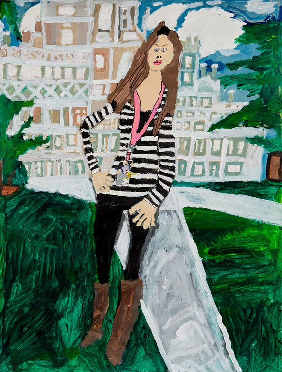 A tall figure in a striped black-and-white top and boots stands confidently in front of a grand white building. Her stance and exaggerated proportions evoke both elegance and defiance, merging fashion with fantasy.