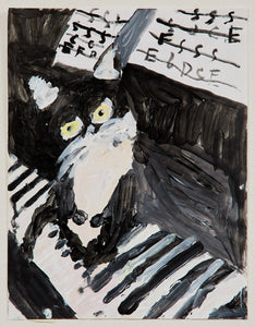 A tuxedo cat with glowing eyes lounges atop a piano keyboard, surrounded by floating sheets of music. The thick, moody brushstrokes in black and white lend the piece a sense of drama and mischief.