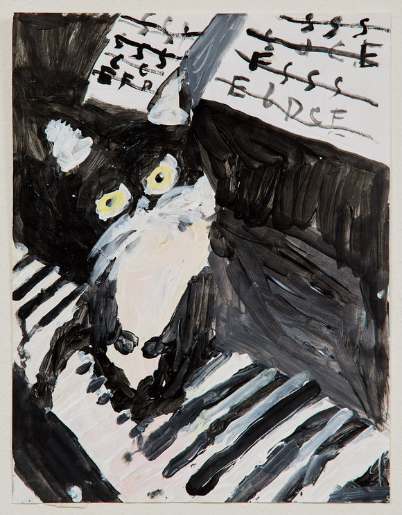 A tuxedo cat with glowing eyes lounges atop a piano keyboard, surrounded by floating sheets of music. The thick, moody brushstrokes in black and white lend the piece a sense of drama and mischief.