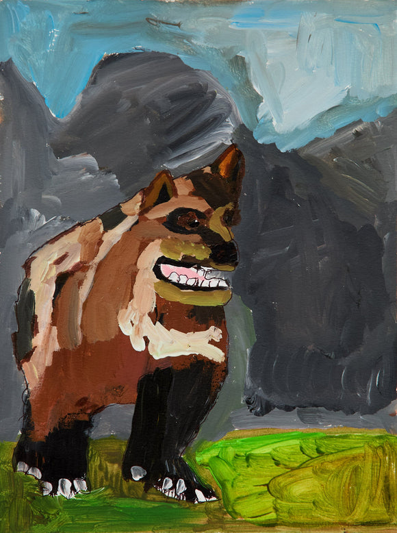 A bear-like creature with a wide grin stands against looming grey mountains and swirling skies. The exaggerated features and swirling brushwork bring a mix of humor and tension to this wild, almost mythic animal.