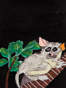A wide-eyed bush baby clings to a tree trunk under a pitch-black sky. The creature’s grey fur contrasts with the surrounding dark void, with vivid green leaves providing a touch of natural serenity in this nocturnal scene.