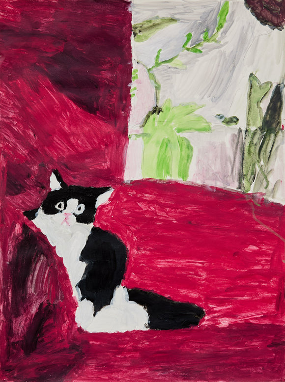 A black-and-white cat with a bright pink nose sits against a sea of crimson. The sharp contrast between feline and floor is broken only by a window of pale green, adding light to the room’s intensity.