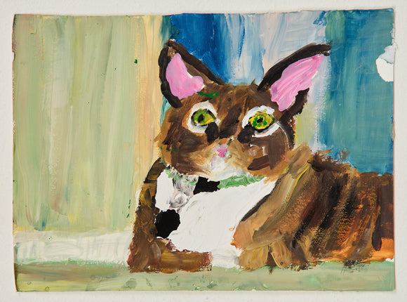 A tabby cat with piercing green eyes reclines on a multicolored surface. Lush brushstrokes in green, gold, and blue surround the cat, creating a domestic yet expressive atmosphere.