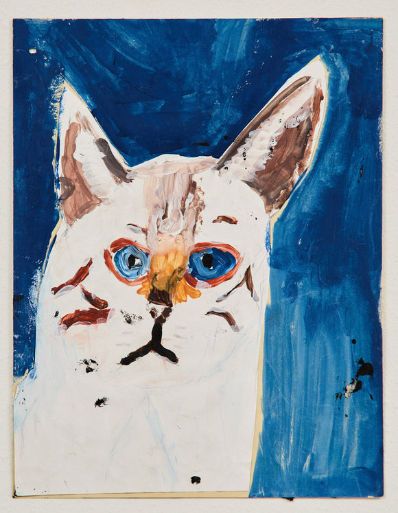 A white cat with vivid blue eyes and a splash of orange on its nose stares out from a deep blue background. Its gaze is direct and slightly surreal, with exaggerated contrasts and painterly gestures.