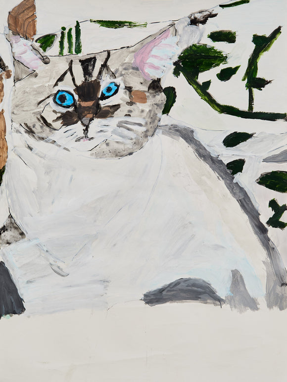 A striking cat with blue eyes and intricate fur patterns lies nestled among green leaves. The pale, minimal background allows the vivid eyes and pink ears to shine, balancing stillness with a sense of curiosity.