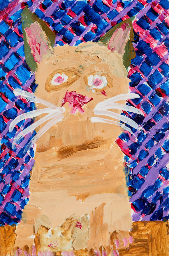 A tan cat with bright pink features and white whiskers is painted thickly over a vivid grid of purples, reds, and blues. The impasto texture and energetic background heighten the feline's dramatic presence.