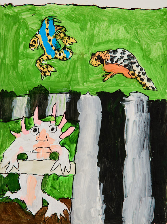 An axolotl peers up from below, framed by bold vertical lines, as two bright amphibians leap across the grassy bank above. The split composition playfully merges aquatic and terrestrial realms.
