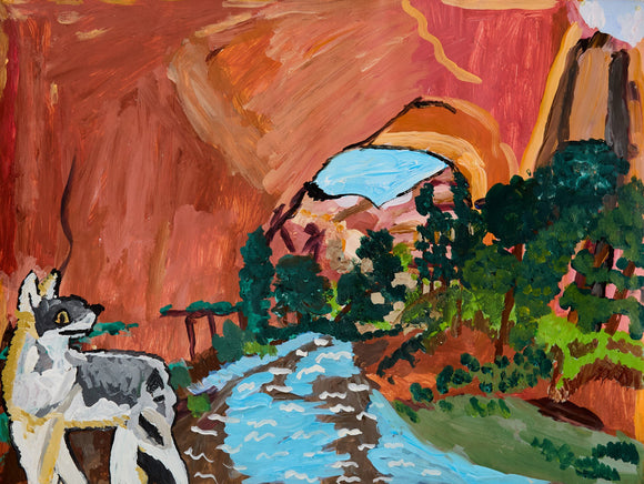 A stylized coyote surveys a desert canyon where a winding river cuts through red rock formations and dense green trees, culminating in a bright blue pool cradled by cliffs.