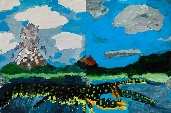 A dramatic diptych contrasts an erupting volcano on the left with a lush, cloud-streaked landscape on the right. A giant amphibian swims across both halves, linking the scenes with vibrant energy.