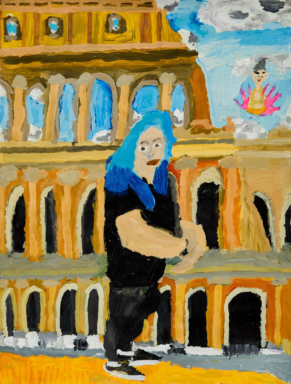 A figure with vivid blue hair stands before the Roman Colosseum under a whimsical sky. A floating deity above adds a surreal twist to the architectural backdrop.