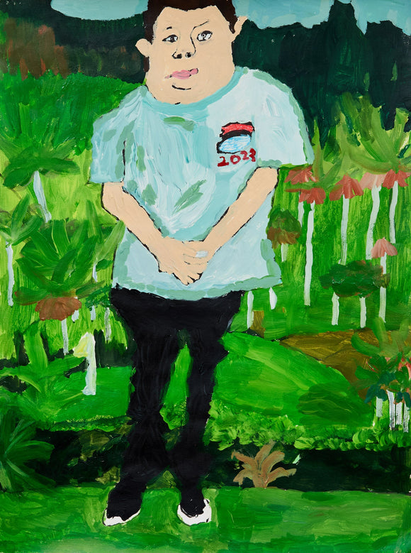 A young man in a 2023 t-shirt stands amid a dense garden of green foliage and pink coneflowers, his hands clasped gently as if pausing mid-thought.