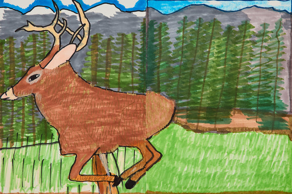 A large antlered deer dominates the foreground, its warm brown coat contrasting with the geometric rows of trees and hazy blue mountains in the distance.