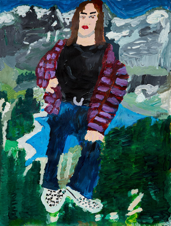 A bold figure dressed in a purple plaid jacket and patterned shoes poses confidently in front of craggy snow-capped mountains and verdant alpine forests.