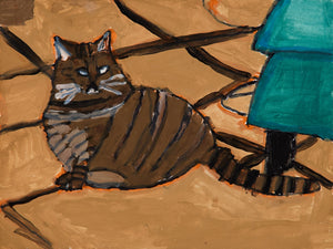A round tabby cat with glowing eyes reclines on warm cobblestones, outlined in orange. Nearby, a figure’s teal coat and black leg hint at human presence.