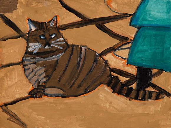 A round tabby cat with glowing eyes reclines on warm cobblestones, outlined in orange. Nearby, a figure’s teal coat and black leg hint at human presence.
