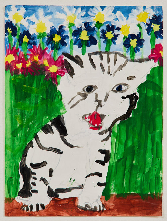 A wide-eyed kitten with black stripes and a red tongue sits amid vivid red, blue, and white daisies, the floral background bursting with life and texture.