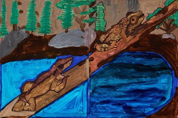 A split composition shows two frogs climbing a diagonal log from opposite ends, their environments mirrored with blue water, brown earth, and dense green forest.