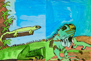 Left: A light green gecko with orange spots lounges on a branch above a forest floor. Right: A confident iguana faces forward, grounded in sandy earth under a radiant blue sky.