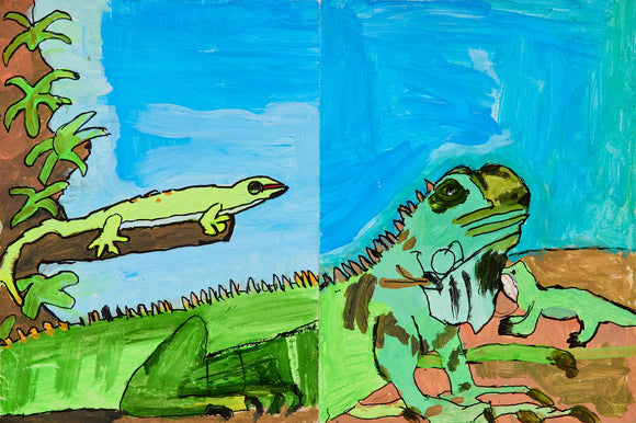 Left: A light green gecko with orange spots lounges on a branch above a forest floor. Right: A confident iguana faces forward, grounded in sandy earth under a radiant blue sky.