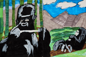 On the left, a gorilla peers out pensively from a bamboo forest, white strokes highlighting its fur. On the right, a second gorilla lounges on a grassy hill beneath mountains and blue sky.