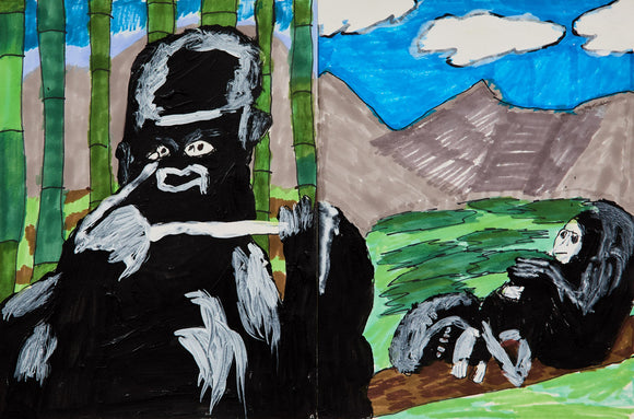 On the left, a gorilla peers out pensively from a bamboo forest, white strokes highlighting its fur. On the right, a second gorilla lounges on a grassy hill beneath mountains and blue sky.