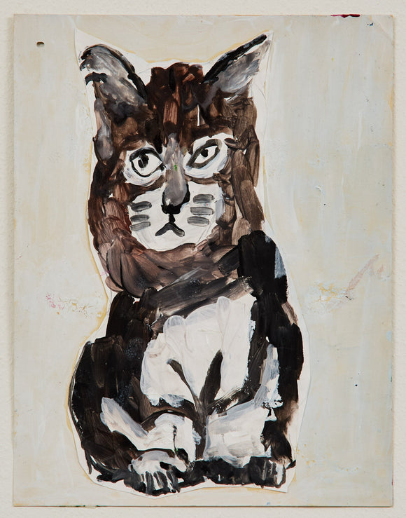 A serious black-and-white cat, painted in bold strokes, gazes outward with wide, symmetrical eyes. Its stern expression contrasts with the minimal beige background.