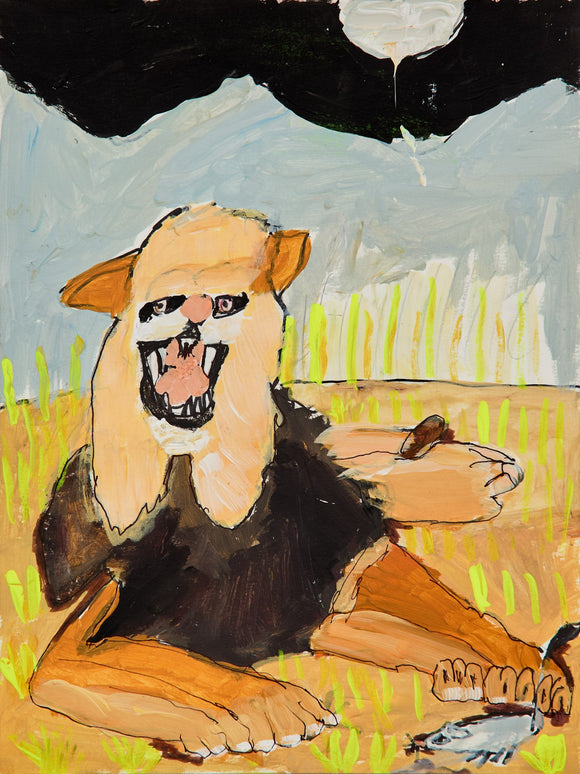 A roaring lion with exaggerated fangs lounges in golden grass, a mouse clutched beneath its paw. Above, a dramatic black sky parts for the moon.