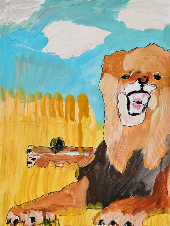 A second lion, more serene but equally bold, smiles with a pink tongue in a bright yellow field. Its paw rests on a bone-like object as clouds drift across a turquoise sky.