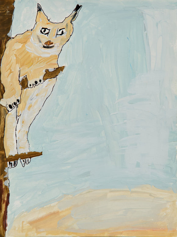A lynx with wide eyes clings to a tree, its body painted in soft tans and whites, standing out starkly against a pale blue, wintry backdrop.