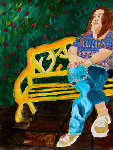 A seated woman rests on a glowing yellow bench, surrounded by a lush green garden speckled with red and violet blooms, her form relaxed yet thoughtful.