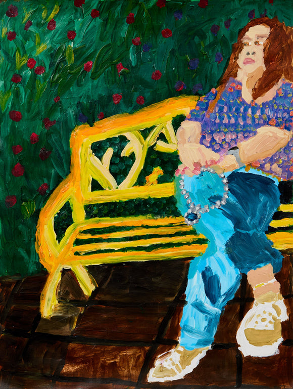 A seated woman rests on a glowing yellow bench, surrounded by a lush green garden speckled with red and violet blooms, her form relaxed yet thoughtful.