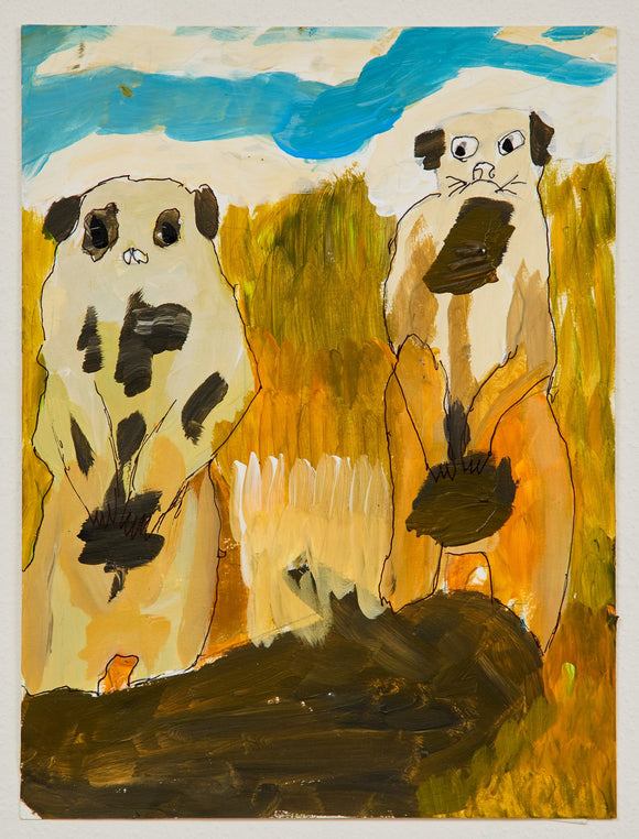 Two prairie dogs with expressive eyes stand upright amid amber grasses beneath a sweeping sky, their black markings lending a graphic contrast.