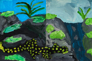 A black salamander with electric yellow spots crawls across rocky terrain, the divided canvas contrasting day and twilight skies above.