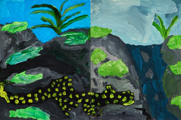 A black salamander with electric yellow spots crawls across rocky terrain, the divided canvas contrasting day and twilight skies above.
