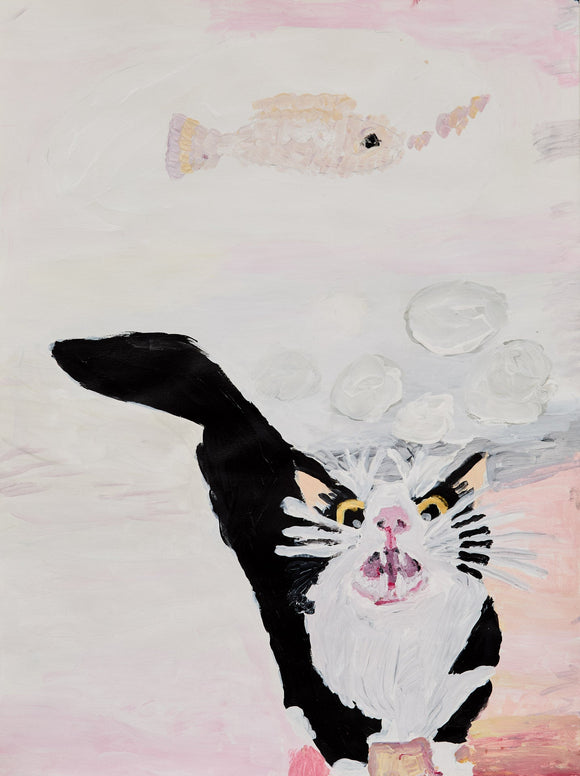A wide-eyed cat stares upward, mouth open, toward a floating fish in a dreamlike pale pink and white world filled with bubbles and whimsy.
