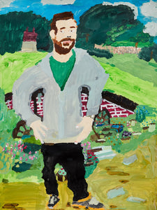 A man with a beard and green shirt stands amidst a blooming garden, the whimsical rendering of flowers and rolling greenery adding warmth to the scene.