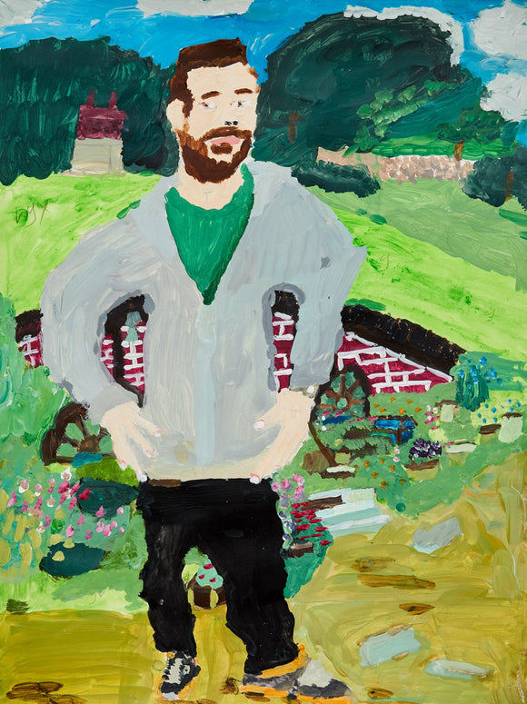 A man with a beard and green shirt stands amidst a blooming garden, the whimsical rendering of flowers and rolling greenery adding warmth to the scene.