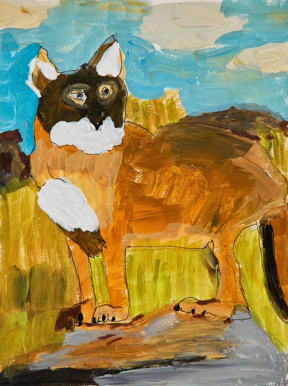 A wild feline figure stands alert in a painted field, rendered with rich brown and golden hues. Its prominent white chest and focused gaze are set beneath a sky of blended blue and beige, suggesting a natural habitat.