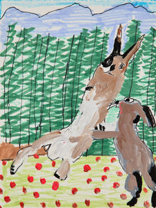 Two animated hares are captured mid-leap in a colorful, energetic scene. One hare is airborne, limbs outstretched, while the other appears to be propelling it upward with its paws. The background is filled with vertical green trees and lavender mountains under a blue sky, while red flower-like dots scatter across the grassy foreground, adding a lively sense of springtime vitality to this playful forest tableau.