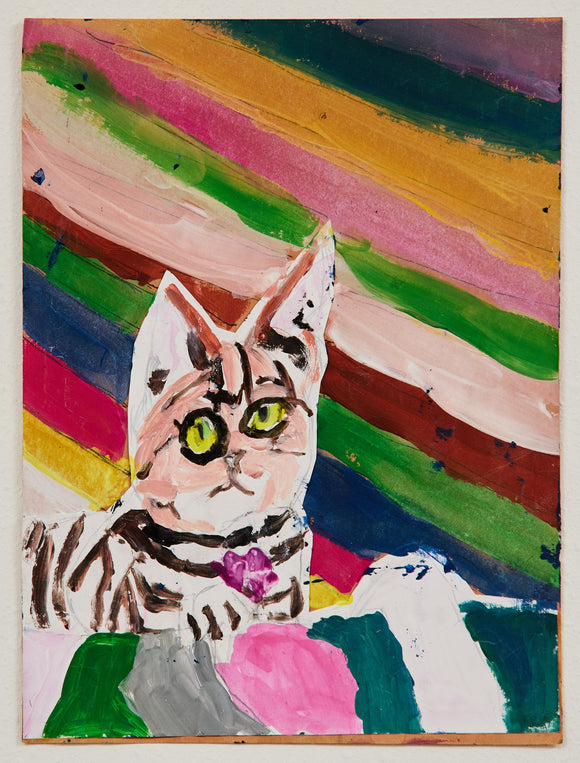 A striped tabby cat with bright green eyes and a heart-shaped tag sits proudly before a whimsical, diagonal rainbow backdrop, its gaze direct and confident amid playful, painterly strokes.