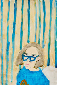 A figure in blue with oversized sunglasses sits against a wall of vertical teal and ochre stripes. The subject’s stylized features and painterly garment merge with the rhythmic background, creating a subtly surreal portrait.
