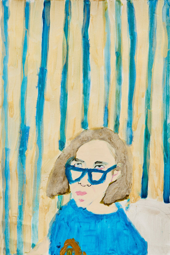 A figure in blue with oversized sunglasses sits against a wall of vertical teal and ochre stripes. The subject’s stylized features and painterly garment merge with the rhythmic background, creating a subtly surreal portrait.