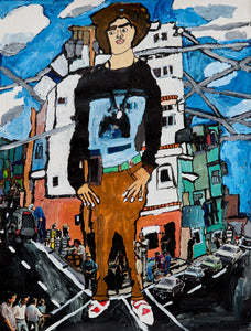 A towering figure looms over a bustling urban street, rendered in thick paint and photographic collage. The exaggerated scale and cartoonish linework blend with real-world scenes in a visually arresting fusion of media.

