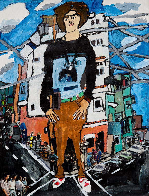 A towering figure looms over a bustling urban street, rendered in thick paint and photographic collage. The exaggerated scale and cartoonish linework blend with real-world scenes in a visually arresting fusion of media.

